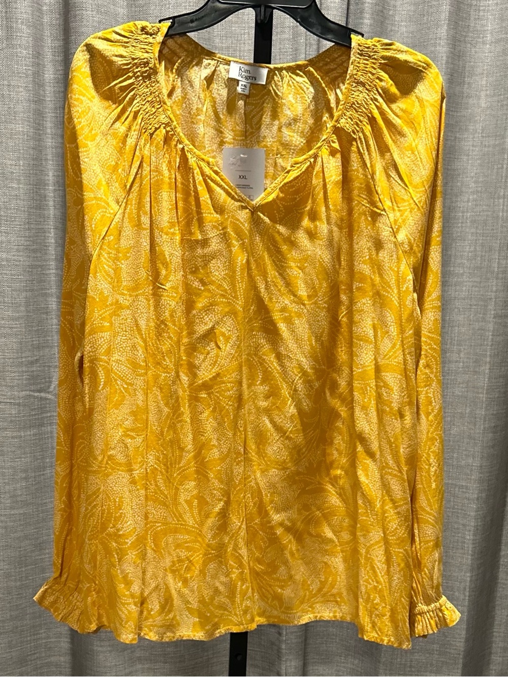 Kim Rogers Yellow & White Paisley Floral Pattern Long-Sleeve Peasant Blouse